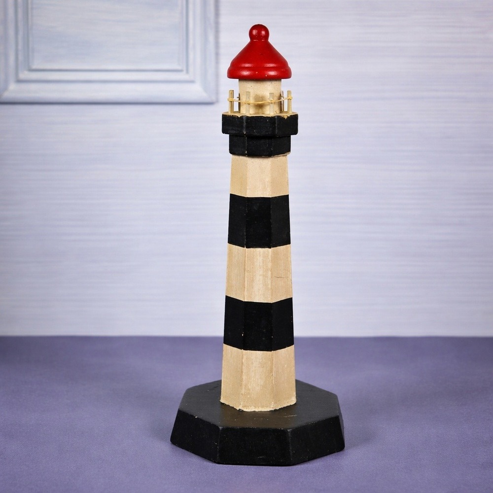 Vintage Wooden Lighthouse Figurine Black White Red 1990s Decor